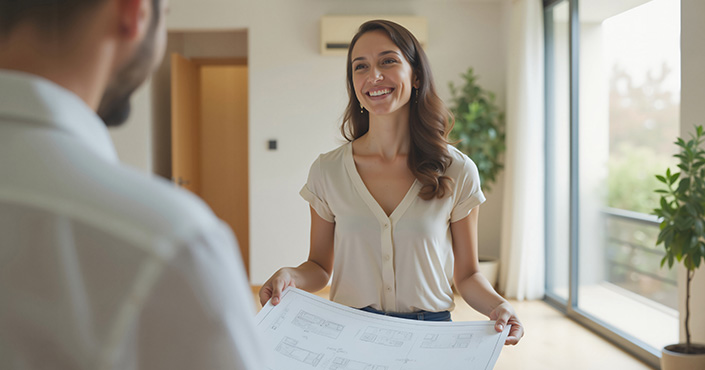 woman holding house plans discussing with man