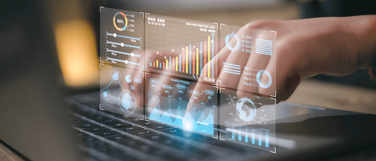 laptop keyboard hands data dashboard visual